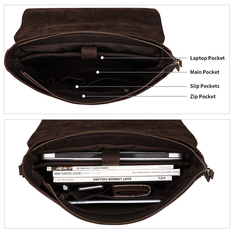Kattee Men's Leather Satchel Briefcase, 15.6" Laptop Messenger Shoulder Bag Tote - Image 4